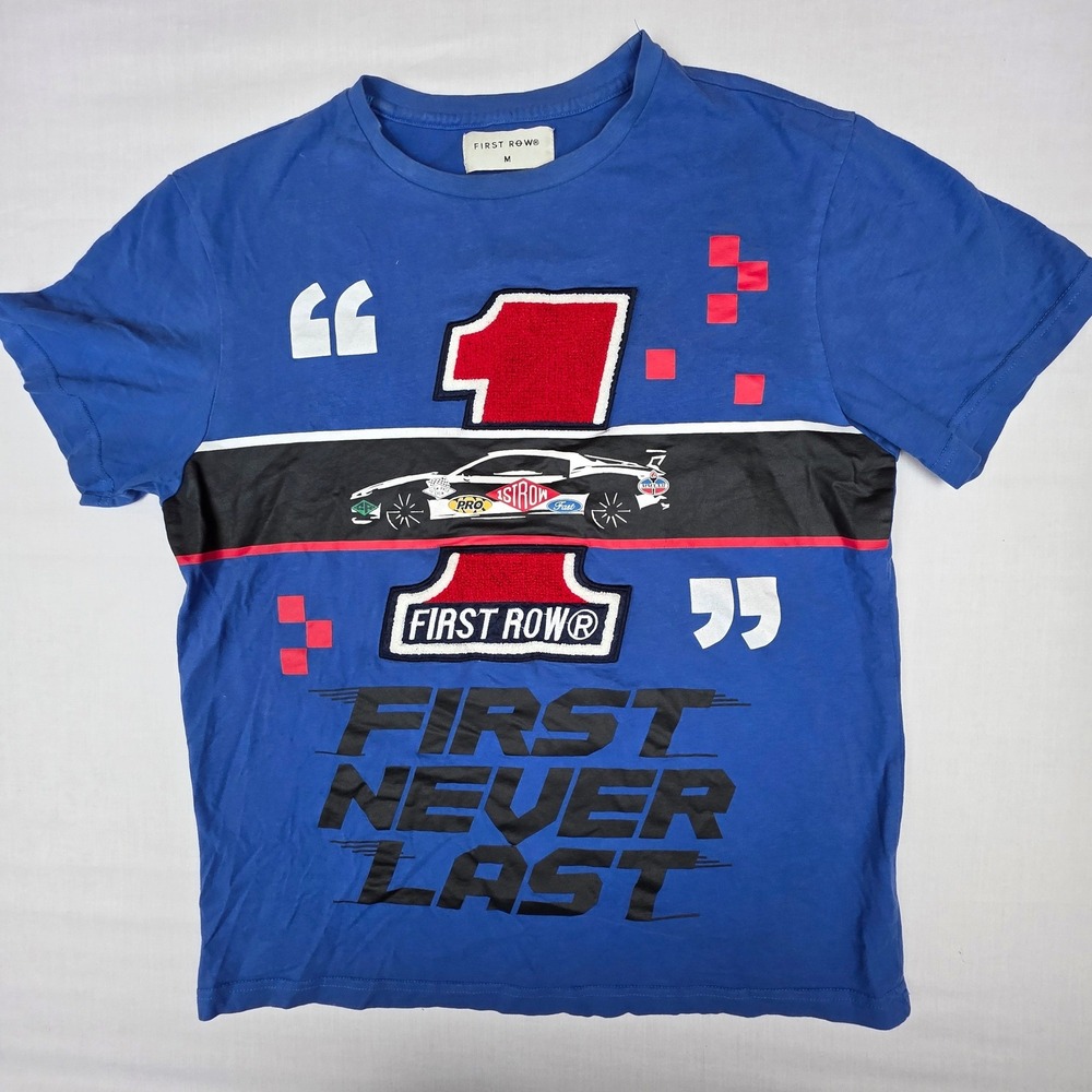 First Row Mens Blue Racing Graphic T-Shirt First‎ Never Last Chenille Patch M